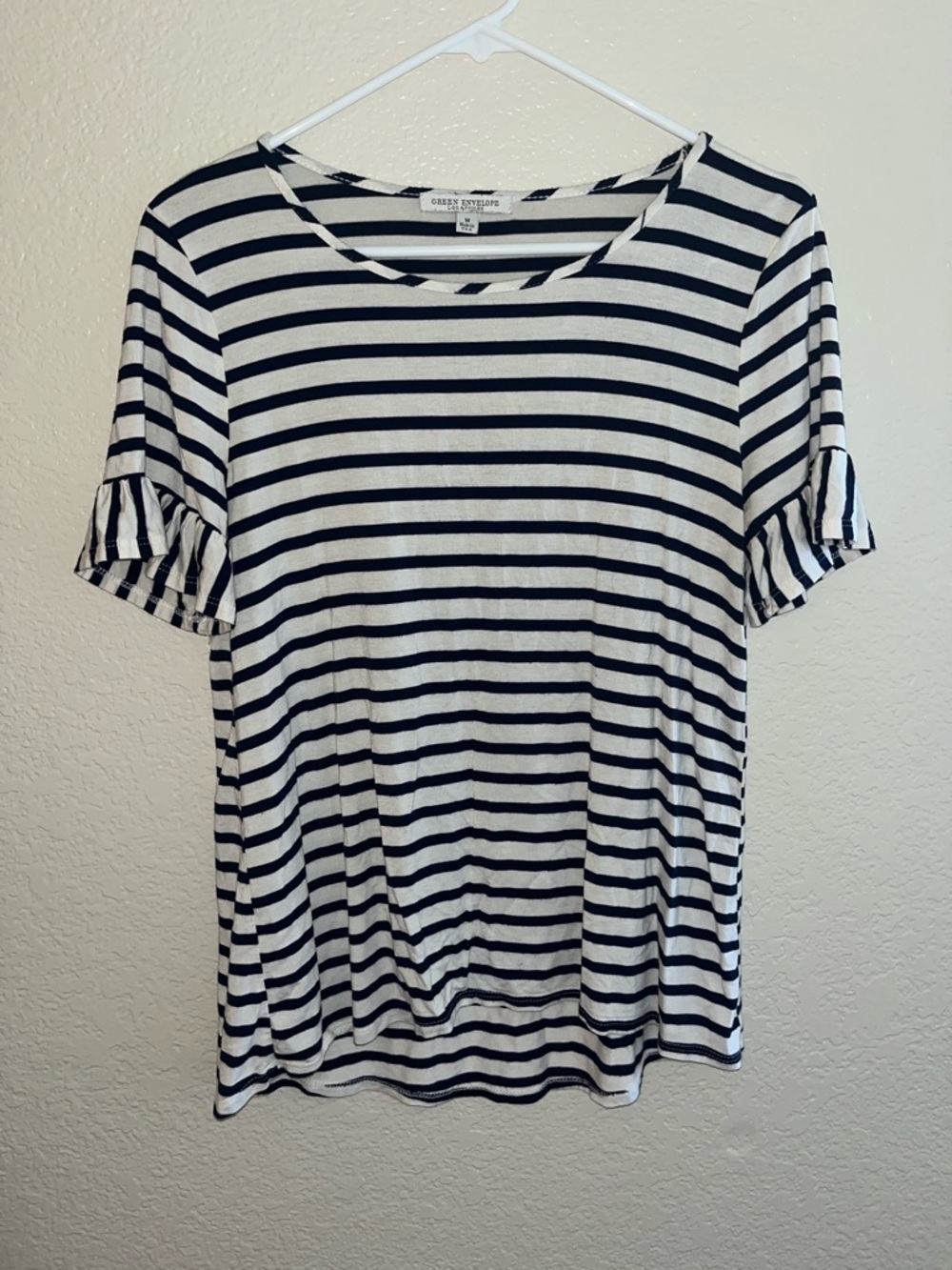 Green Envelope Navy and White Striped Ruffle Sleeve Tee